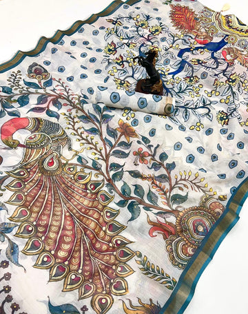 Pure Linen Digital Kalamkari Saree with Peacock Print, Stone Work & Tassels