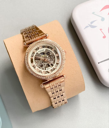 Fossil Premium 7AA Luxury Automatic Women's Watch – Diamond Skeleton Dial