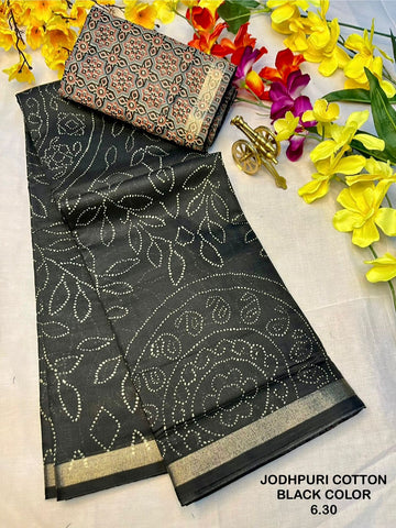 Jodhpuri Cotton Saree with Rich Printed Pallu & Contrast Blouse