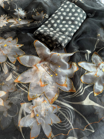 Soft Organza Digital Print Saree with Handwork, Aarka & Moti Border