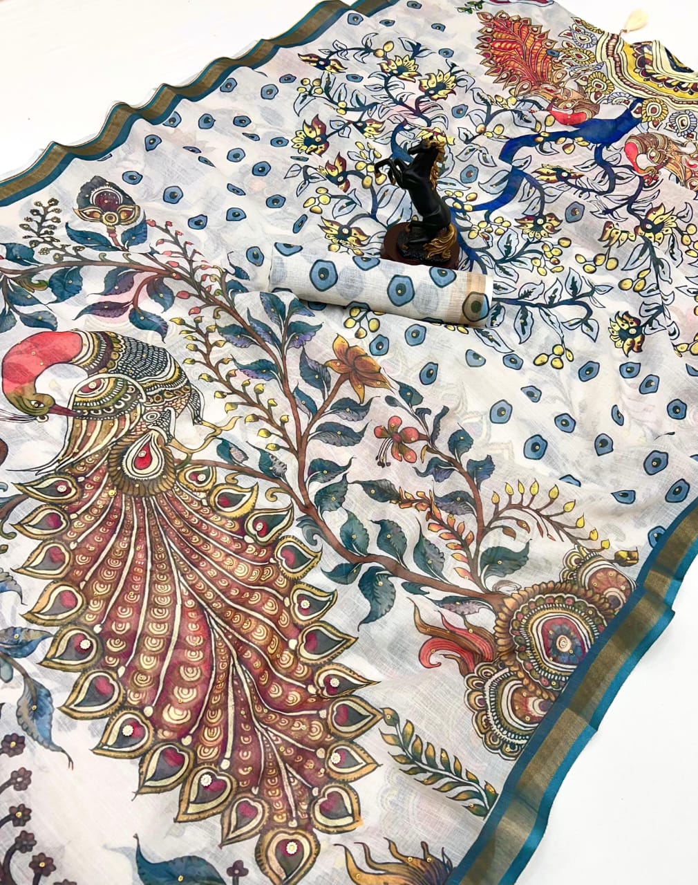 Pure Linen Digital Kalamkari Saree with Peacock Print, Stone Work & Tassels