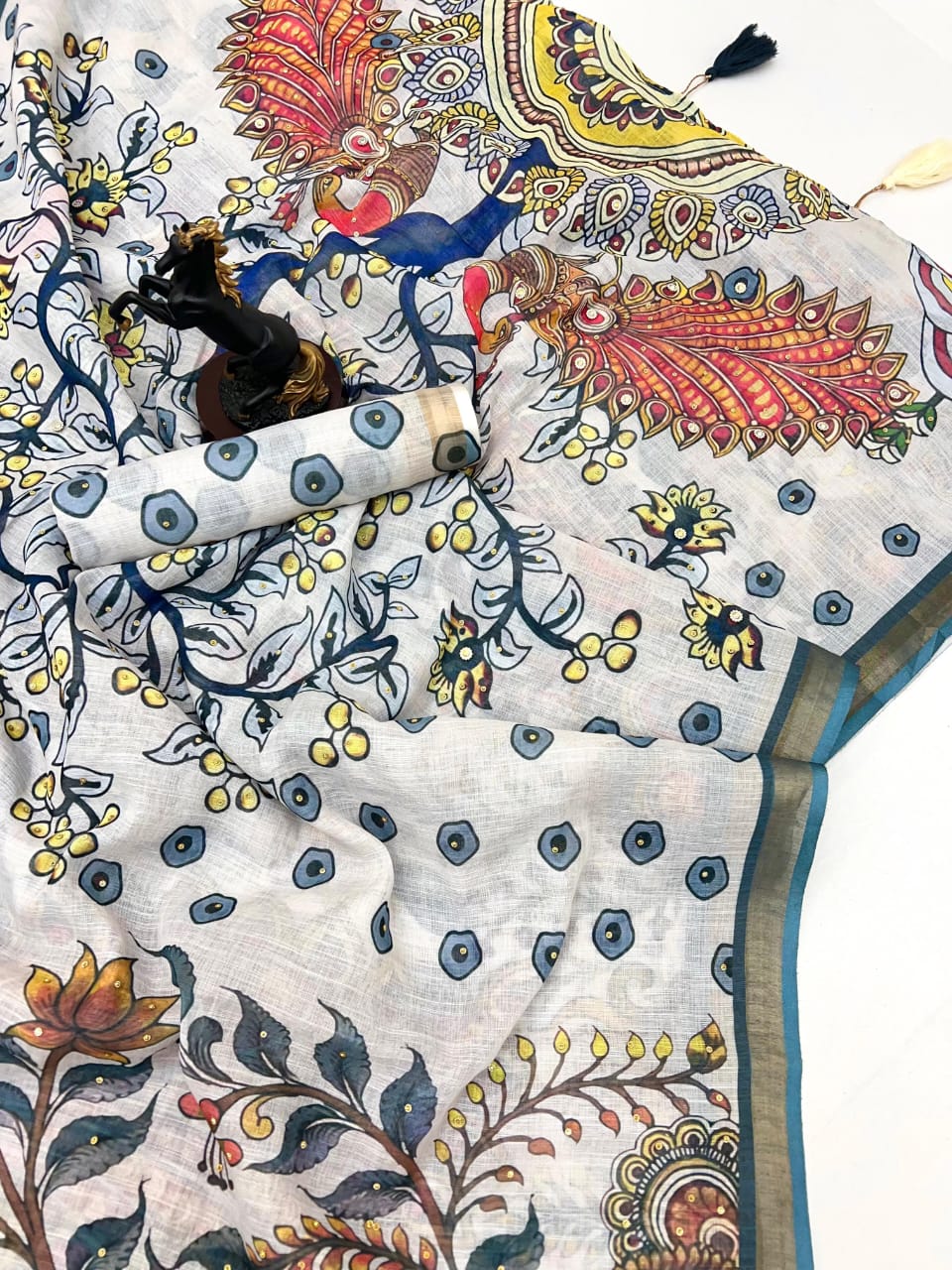 Pure Linen Digital Kalamkari Saree with Peacock Print, Stone Work & Tassels