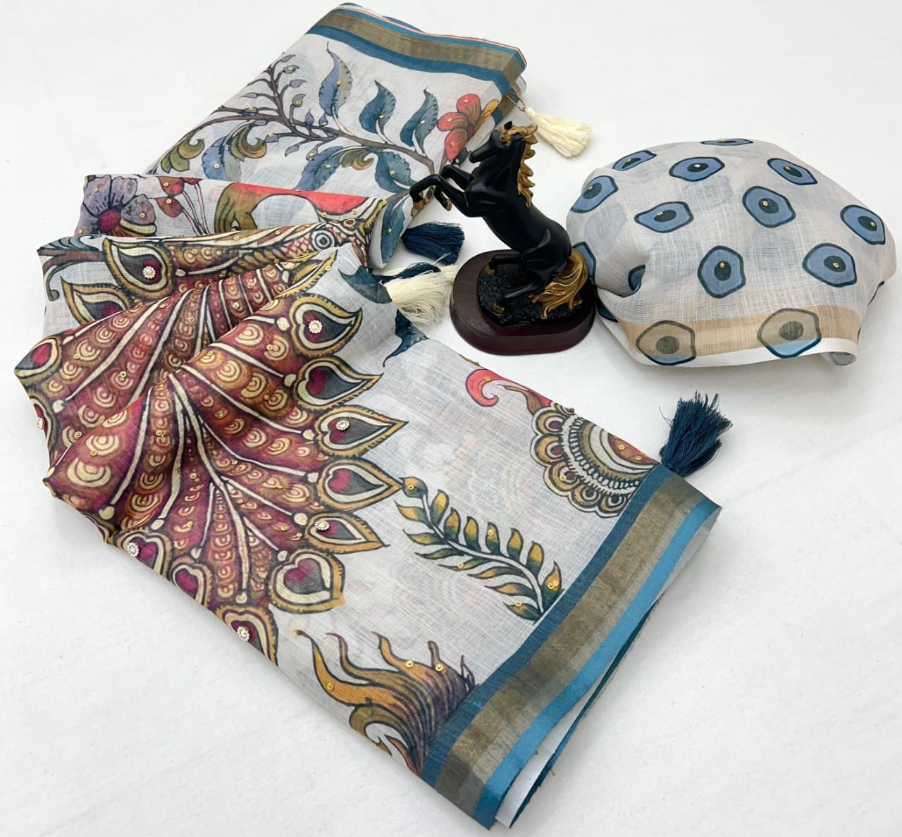 Pure Linen Digital Kalamkari Saree with Peacock Print, Stone Work & Tassels