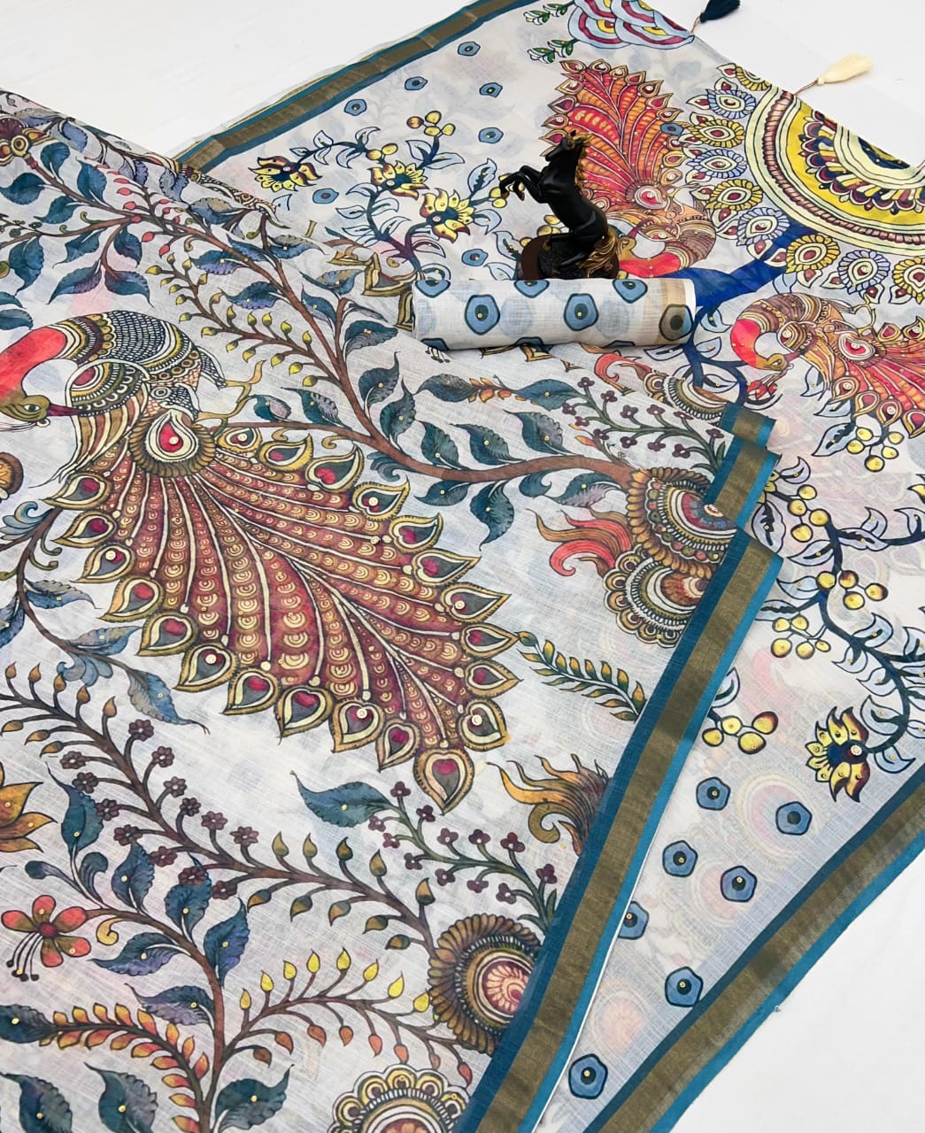 Pure Linen Digital Kalamkari Saree with Peacock Print, Stone Work & Tassels
