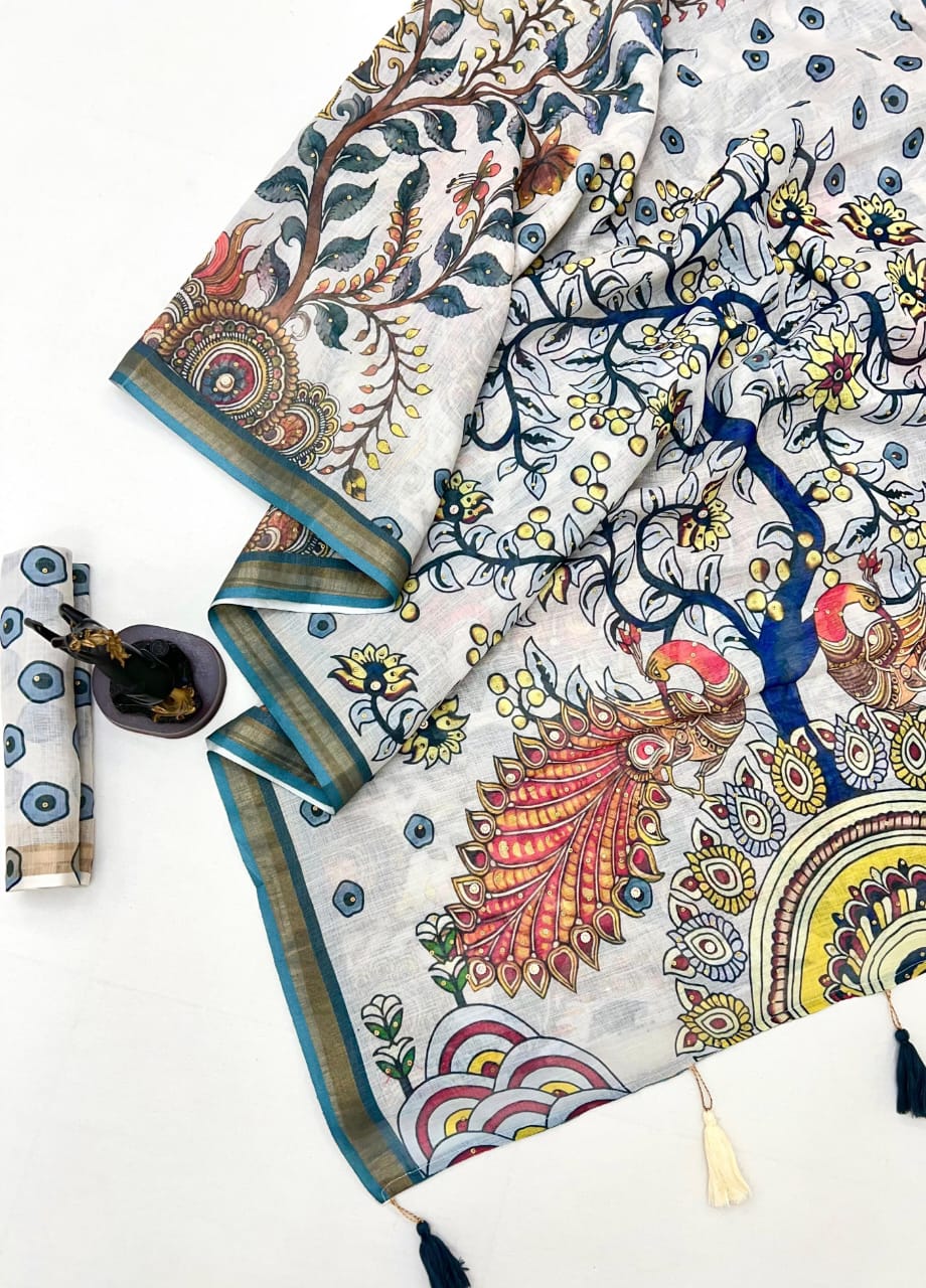 Pure Linen Digital Kalamkari Saree with Peacock Print, Stone Work & Tassels