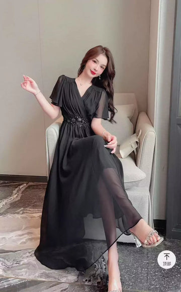 Elegant V-Neck Flair Dress with Floral Stonework & Umbrella Sleeves