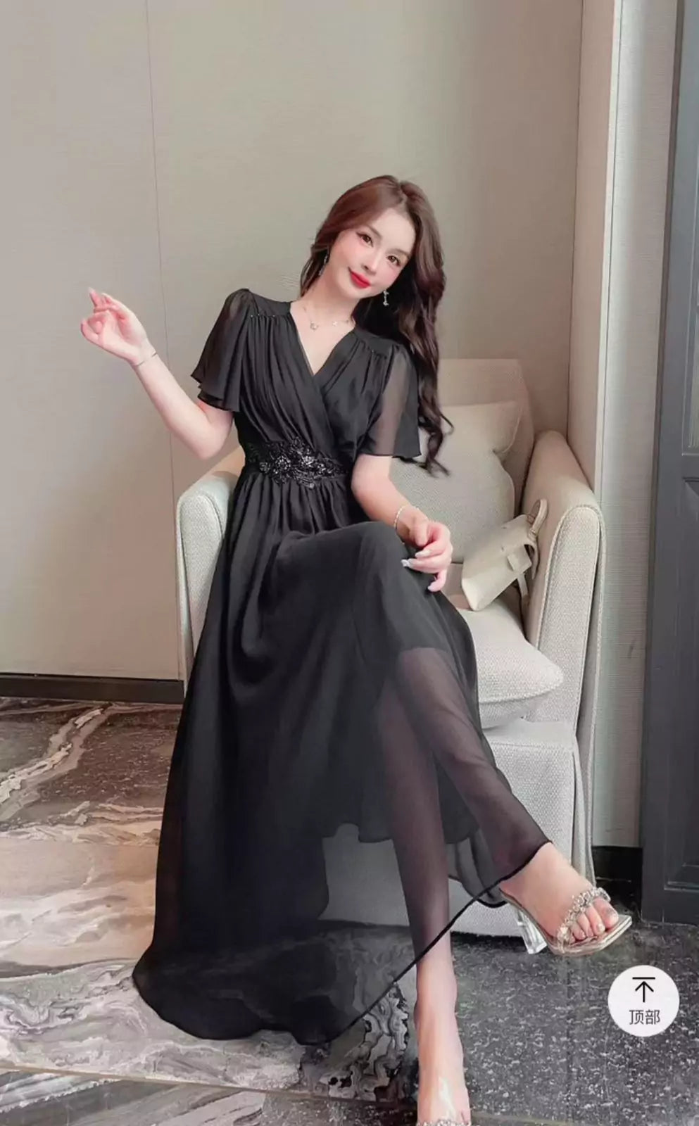 Elegant V-Neck Flair Dress with Floral Stonework & Umbrella Sleeves