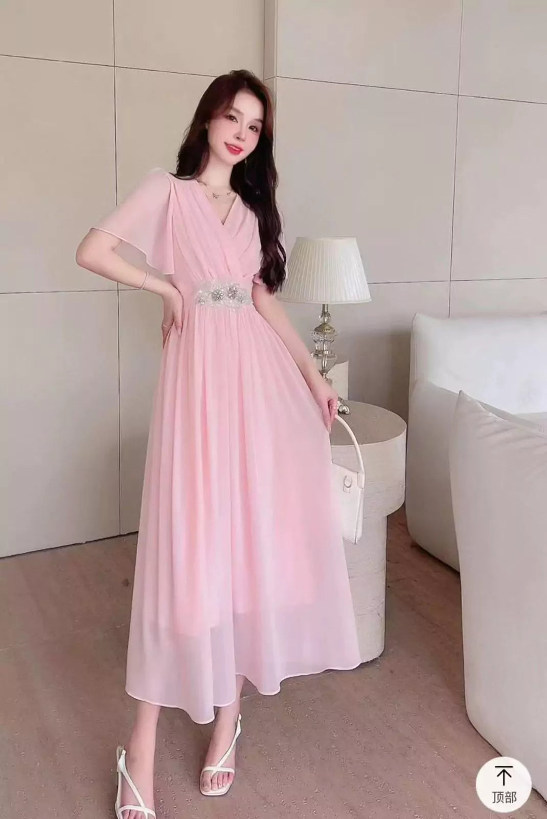 Elegant V-Neck Flair Dress with Floral Stonework & Umbrella Sleeves