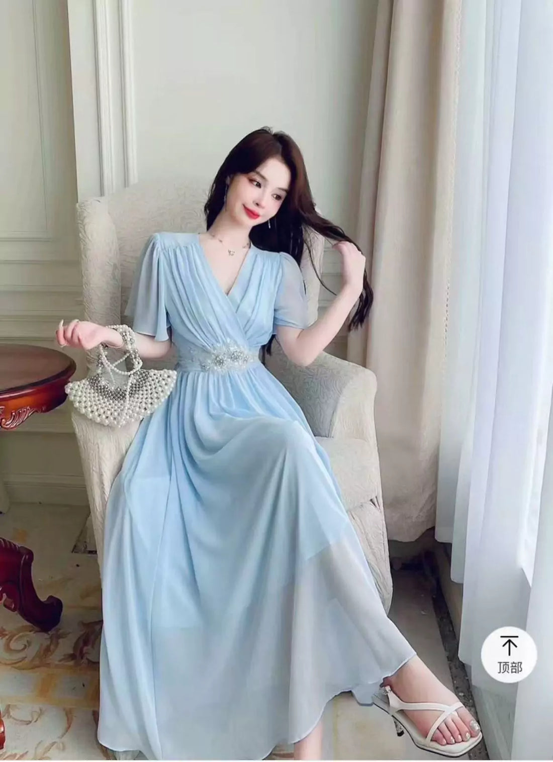 Elegant V-Neck Flair Dress with Floral Stonework & Umbrella Sleeves