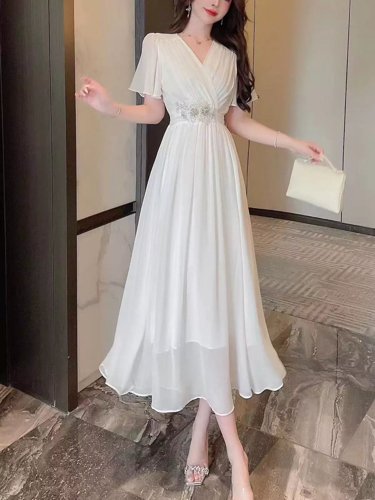 Elegant V-Neck Flair Dress with Floral Stonework & Umbrella Sleeves
