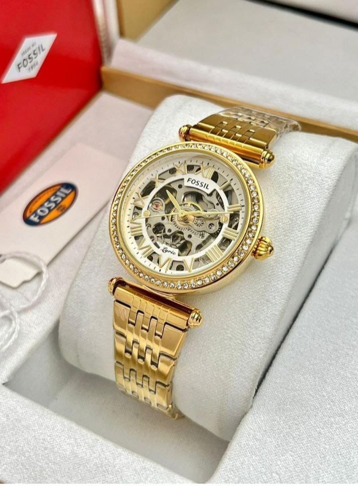 Fossil Premium 7AA Luxury Automatic Women's Watch – Diamond Skeleton Dial