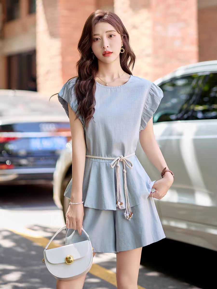 Elegant Ruffle Sleeve Cotton Shorts Coord Set – Summer Chic