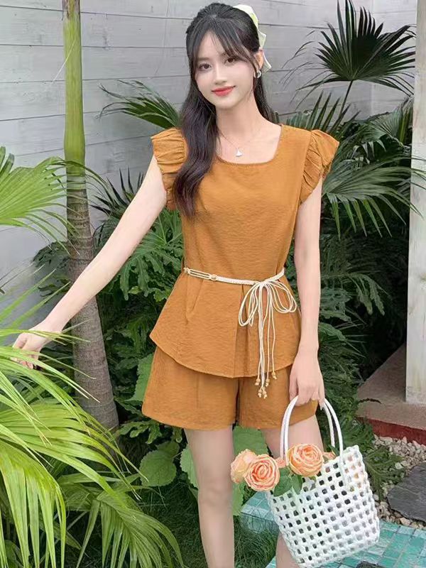 Elegant Ruffle Sleeve Cotton Shorts Coord Set – Summer Chic