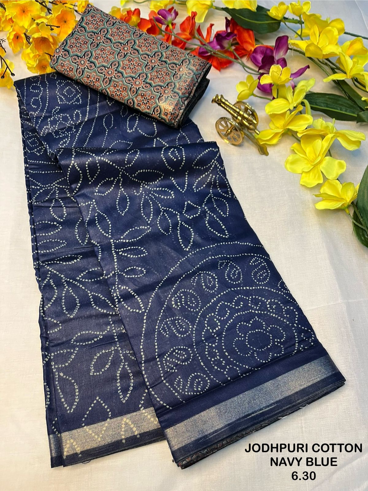 Jodhpuri Cotton Saree with Rich Printed Pallu & Contrast Blouse
