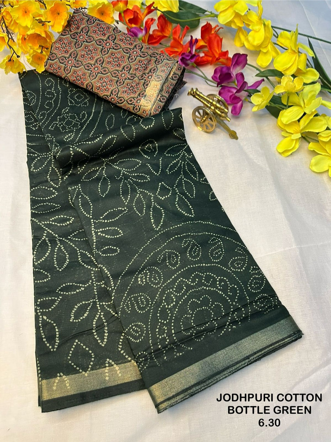 Jodhpuri Cotton Saree with Rich Printed Pallu & Contrast Blouse