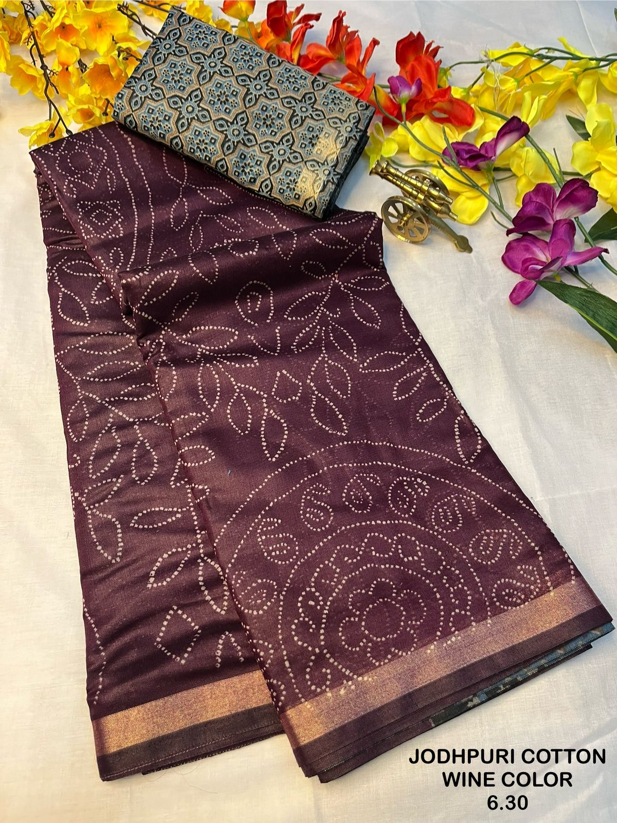 Jodhpuri Cotton Saree with Rich Printed Pallu & Contrast Blouse