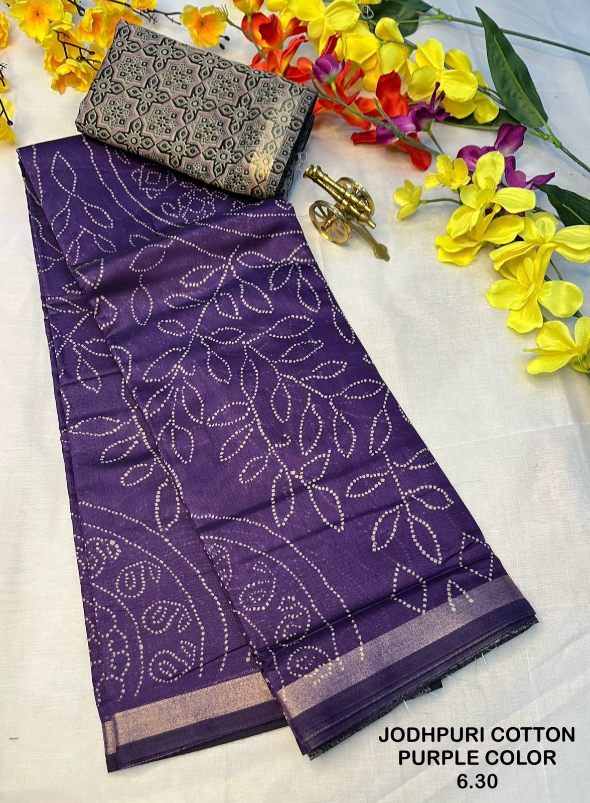 Jodhpuri Cotton Saree with Rich Printed Pallu & Contrast Blouse