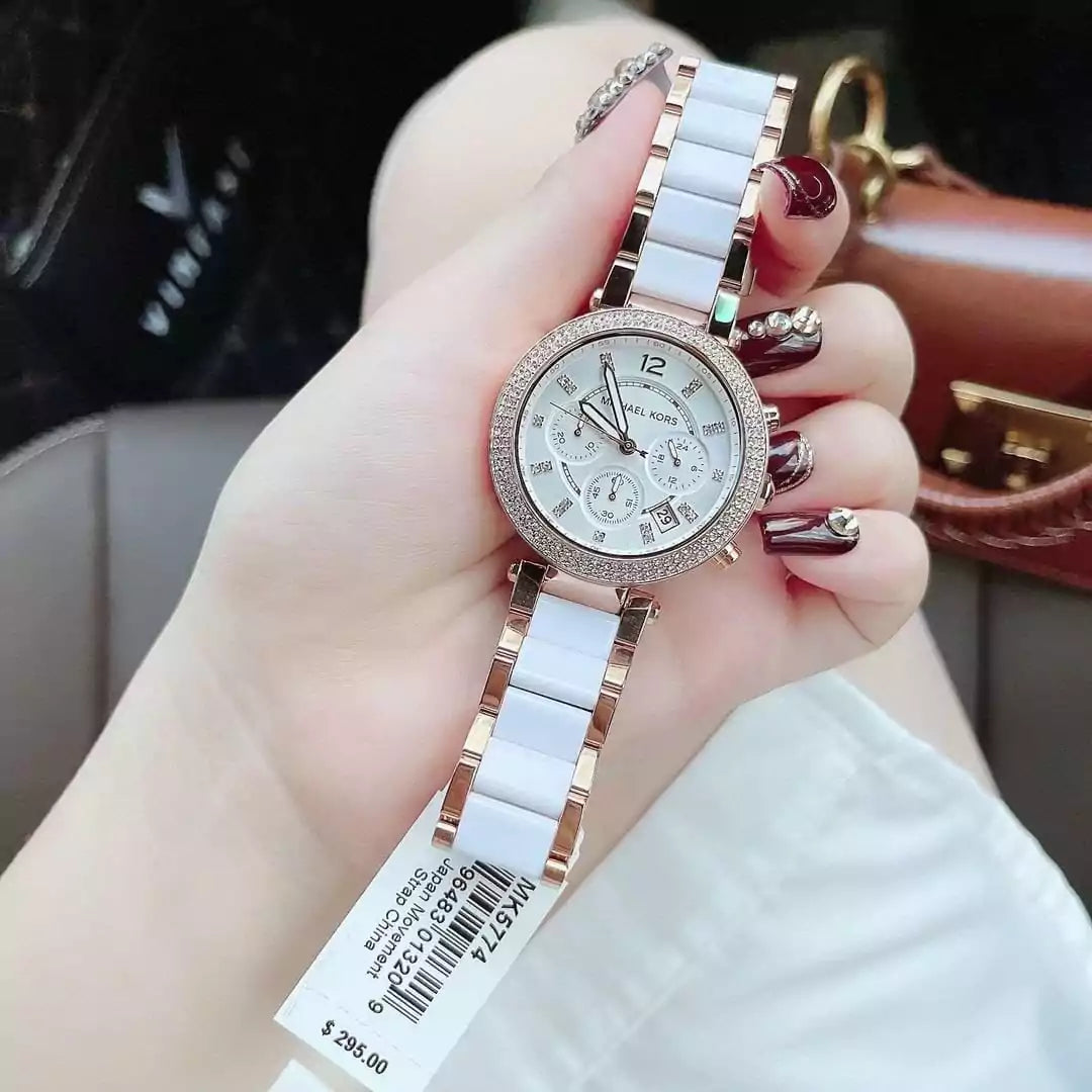 Michael Kors MK5774 White & Gold Women's Watch – 7A Premium, Chronograph, Ceramic Metal Strap