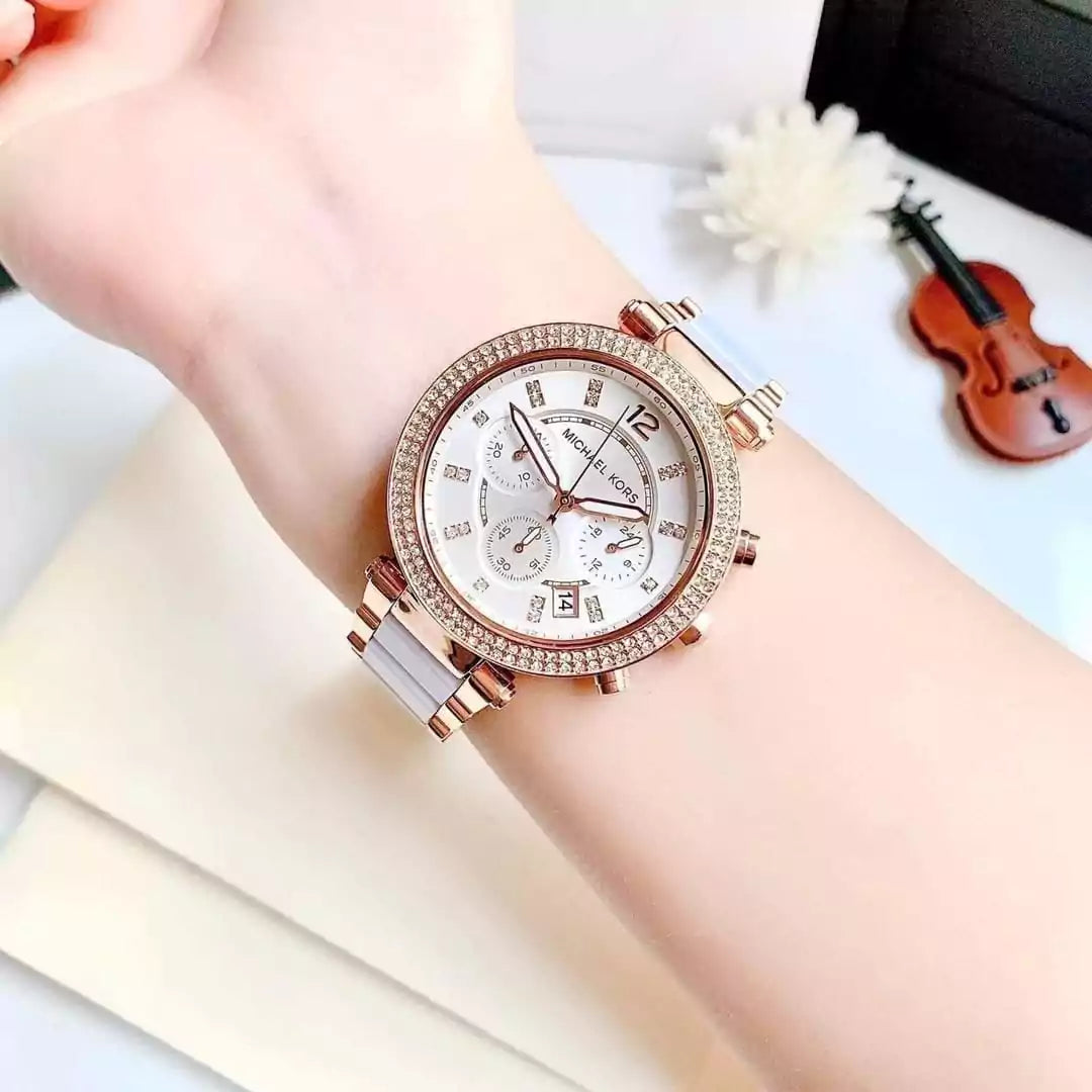 Michael Kors MK5774 White & Gold Women's Watch – 7A Premium, Chronograph, Ceramic Metal Strap