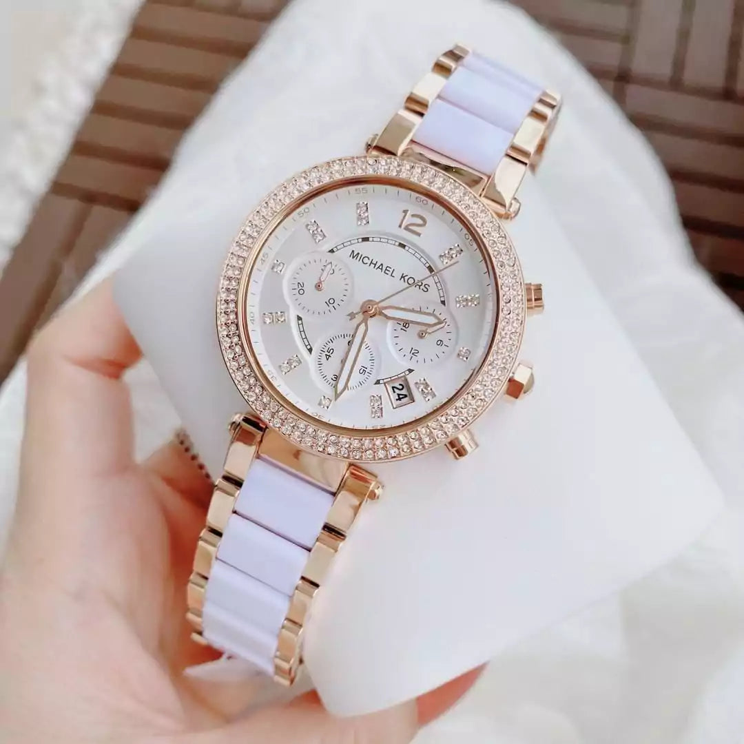 Michael Kors MK5774 White & Gold Women's Watch – 7A Premium, Chronograph, Ceramic Metal Strap