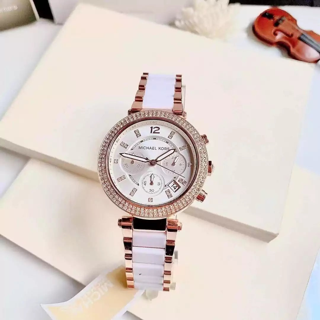 Michael Kors MK5774 White & Gold Women's Watch – 7A Premium, Chronograph, Ceramic Metal Strap