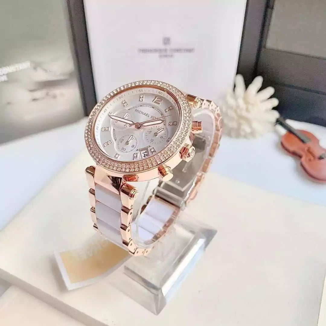Michael Kors MK5774 White & Gold Women's Watch – 7A Premium, Chronograph, Ceramic Metal Strap