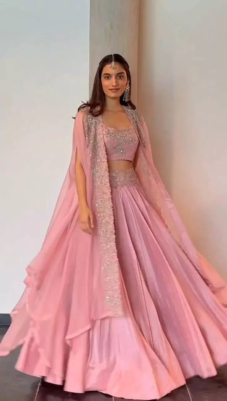 V115I Elegant Pink Chinon Lehenga Set with Organza Shrug – Boutique Heavy Sequence Work