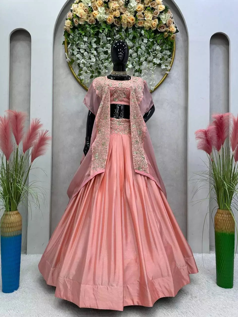 V115I Elegant Pink Chinon Lehenga Set with Organza Shrug – Boutique Heavy Sequence Work