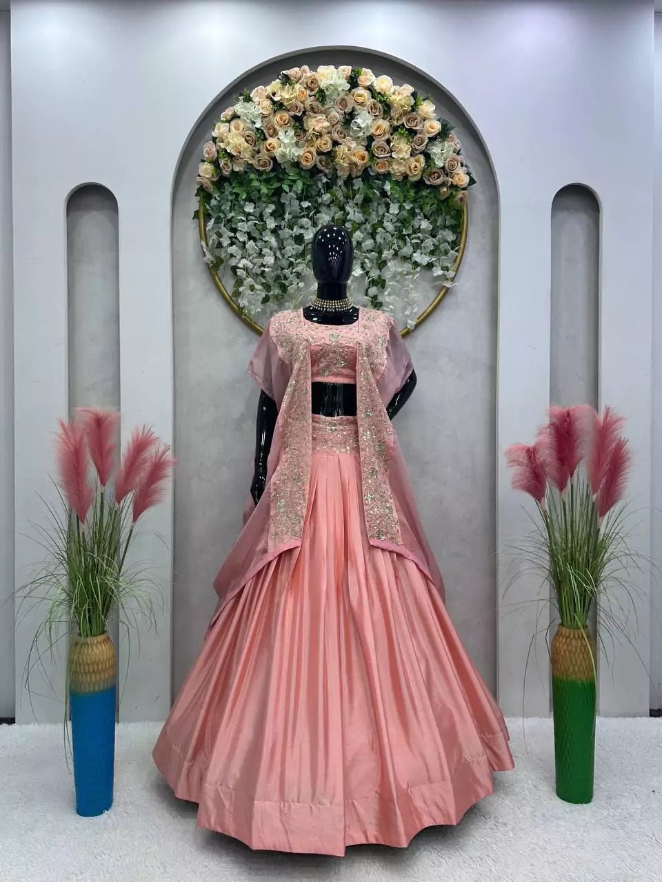 V115I Elegant Pink Chinon Lehenga Set with Organza Shrug – Boutique Heavy Sequence Work