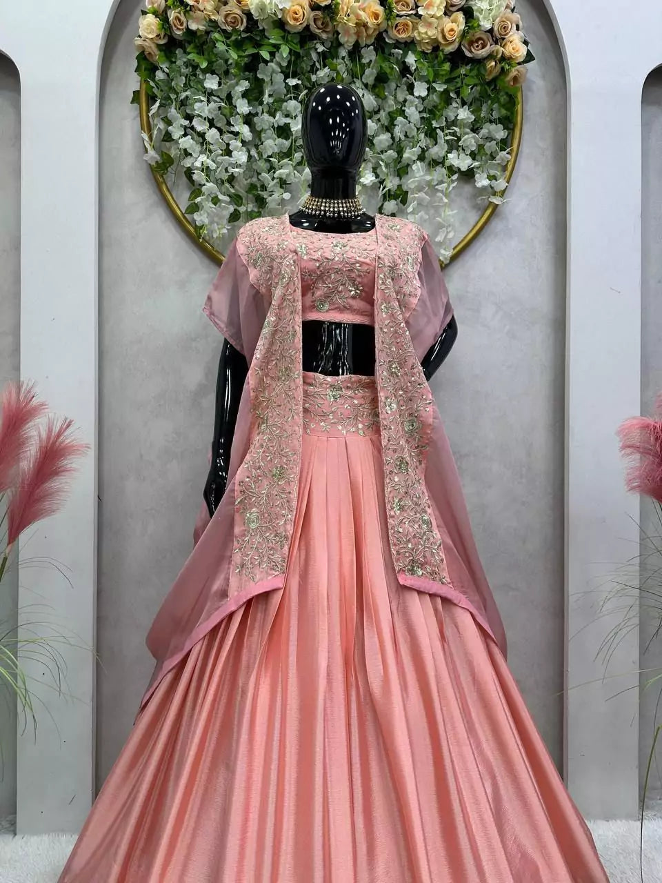 V115I Elegant Pink Chinon Lehenga Set with Organza Shrug – Boutique Heavy Sequence Work