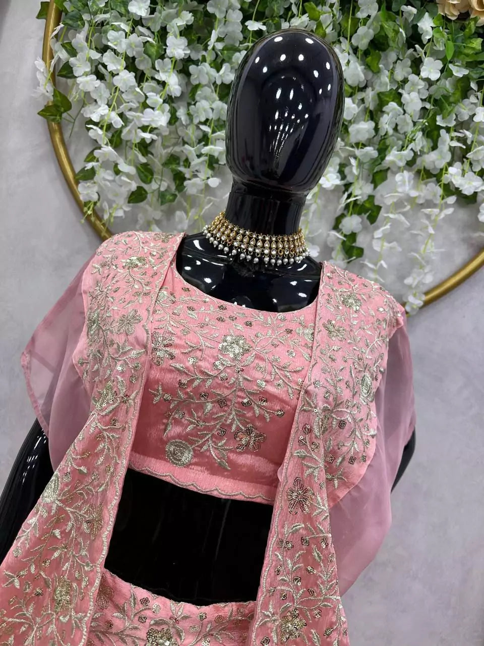 V115I Elegant Pink Chinon Lehenga Set with Organza Shrug – Boutique Heavy Sequence Work