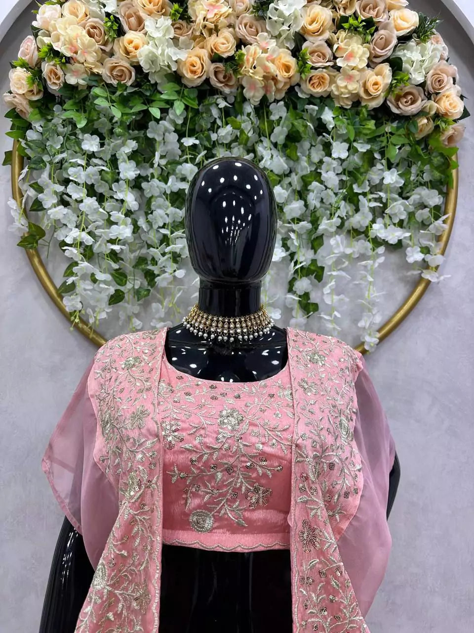 V115I Elegant Pink Chinon Lehenga Set with Organza Shrug – Boutique Heavy Sequence Work
