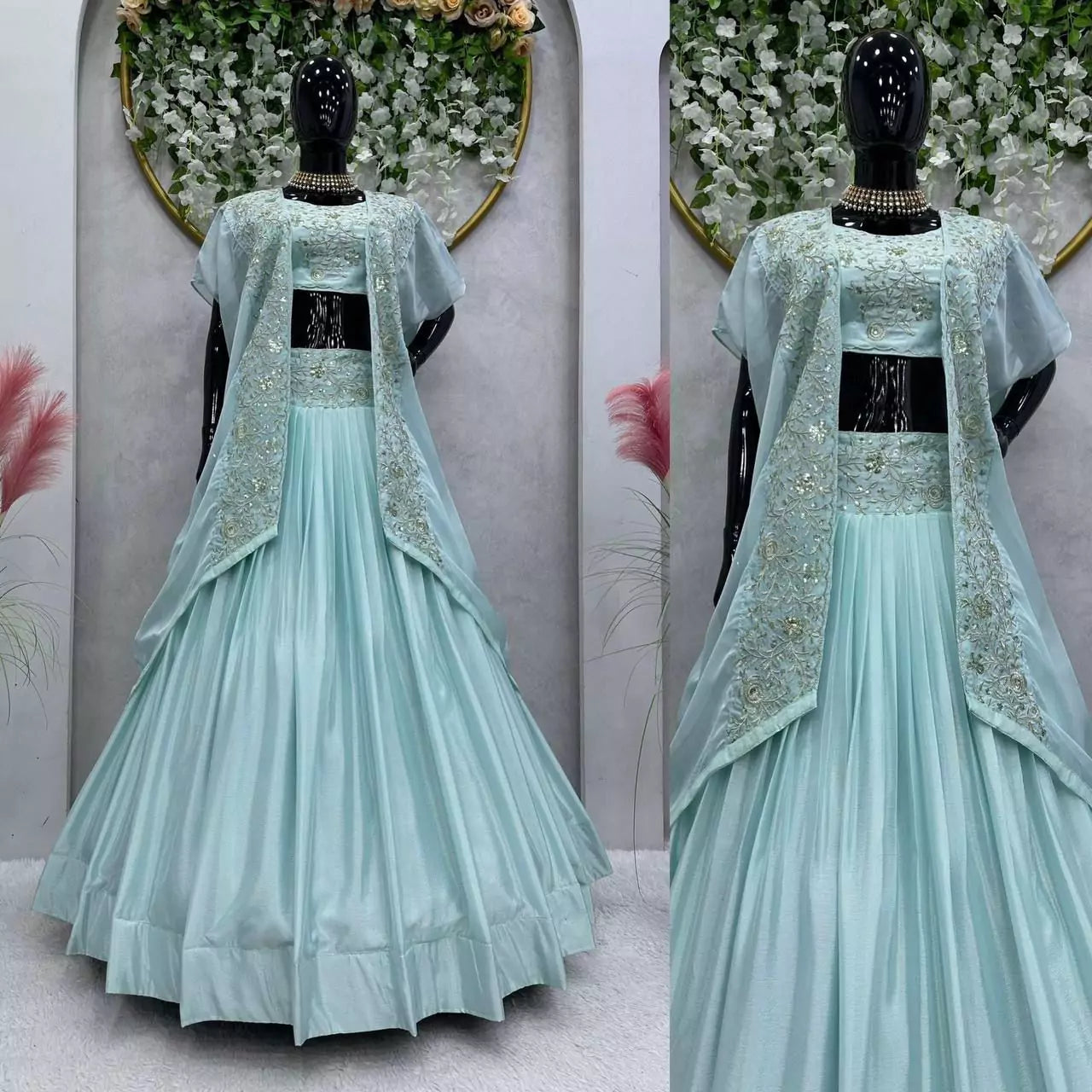 V115I Elegant Pink Chinon Lehenga Set with Organza Shrug – Boutique Heavy Sequence Work