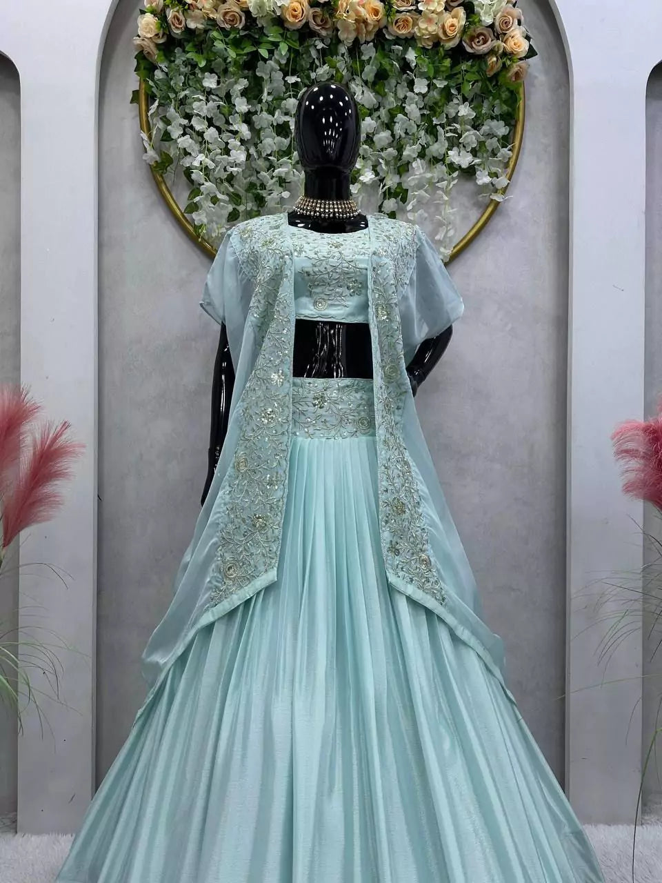 V115I Elegant Pink Chinon Lehenga Set with Organza Shrug – Boutique Heavy Sequence Work