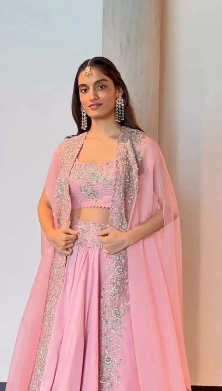 V115I Elegant Pink Chinon Lehenga Set with Organza Shrug – Boutique Heavy Sequence Work