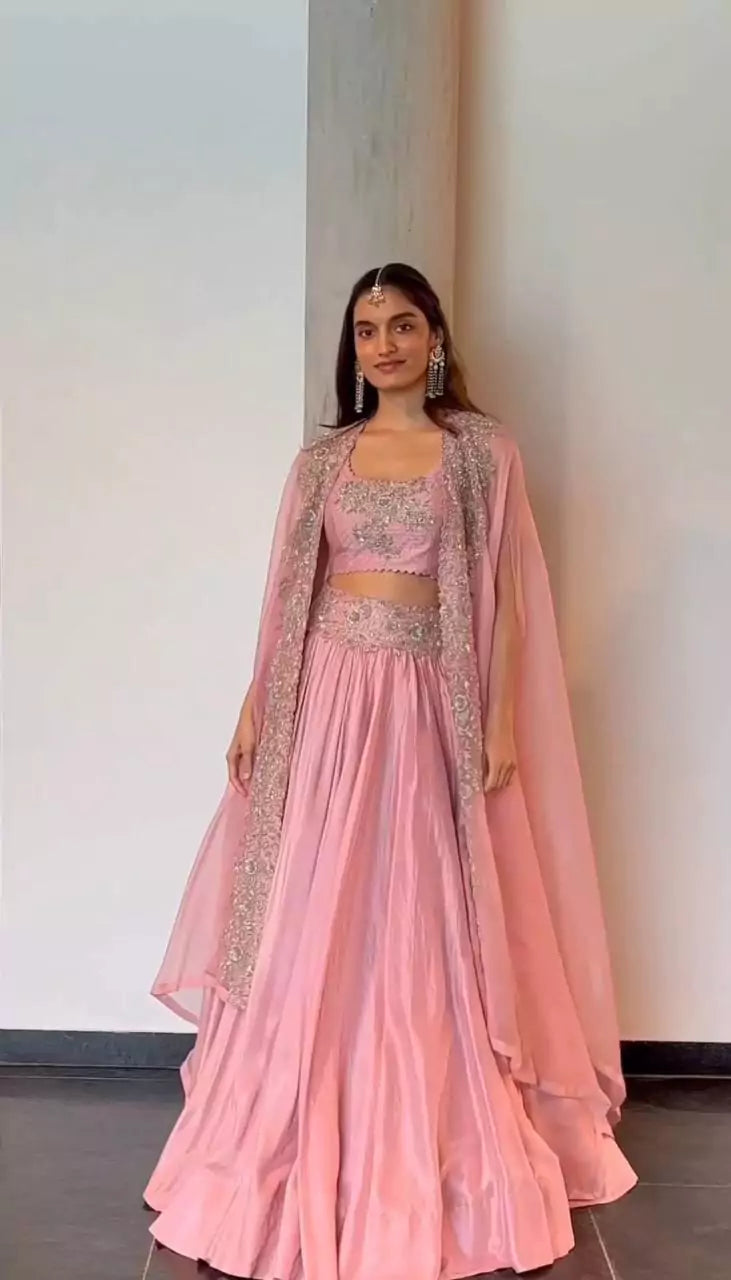 V115I Elegant Pink Chinon Lehenga Set with Organza Shrug – Boutique Heavy Sequence Work
