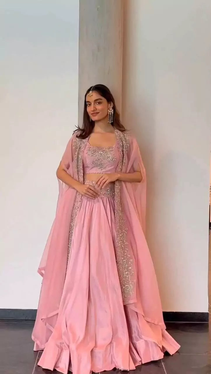 V115I Elegant Pink Chinon Lehenga Set with Organza Shrug – Boutique Heavy Sequence Work