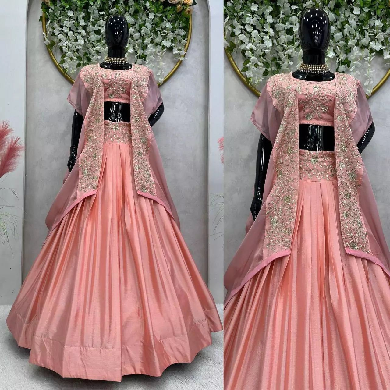V115I Elegant Pink Chinon Lehenga Set with Organza Shrug – Boutique Heavy Sequence Work