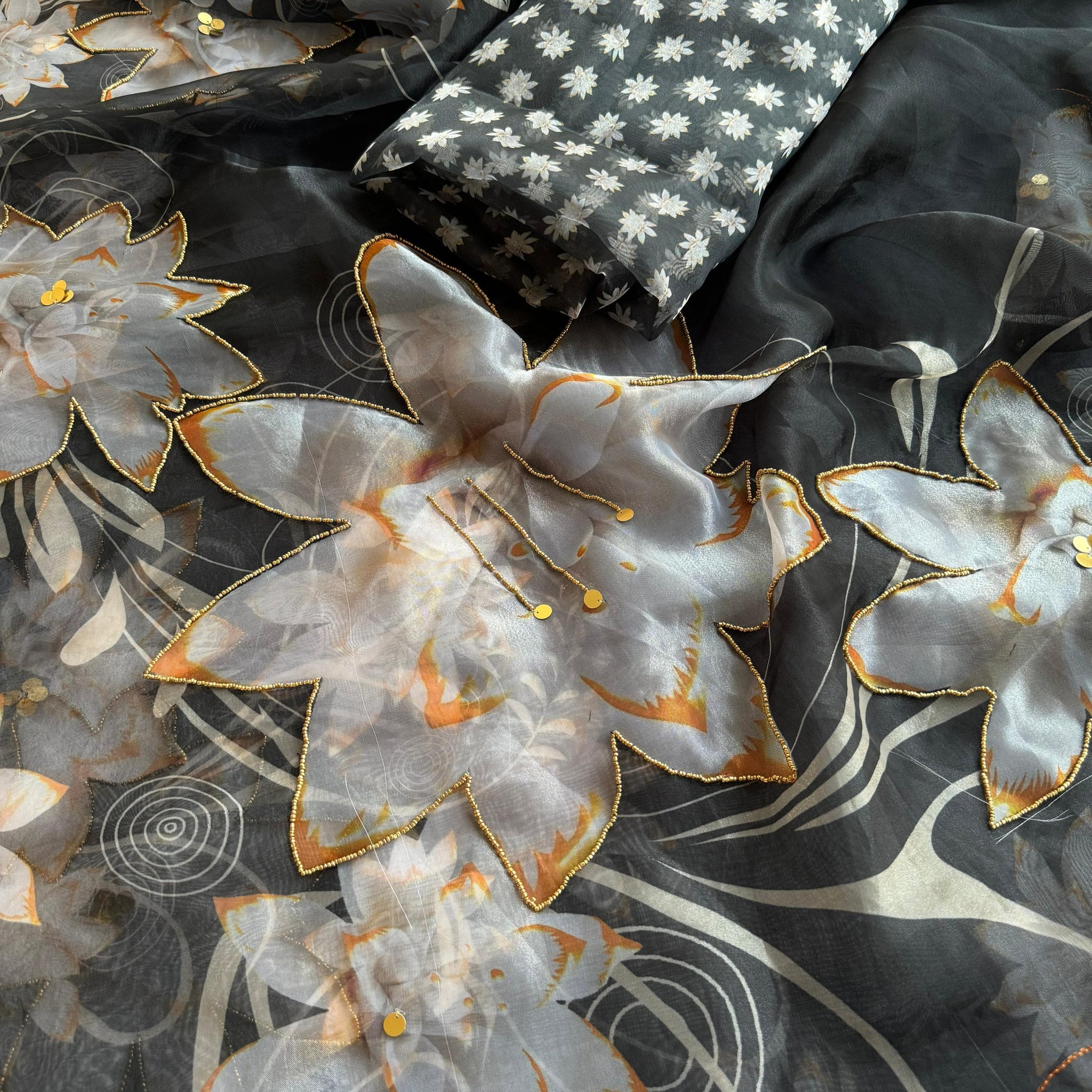 Soft Organza Digital Print Saree with Handwork, Aarka & Moti Border