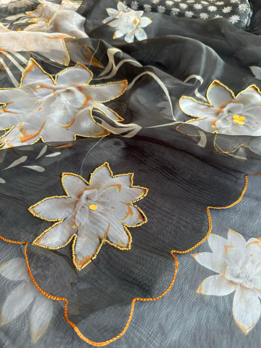 Soft Organza Digital Print Saree with Handwork, Aarka & Moti Border