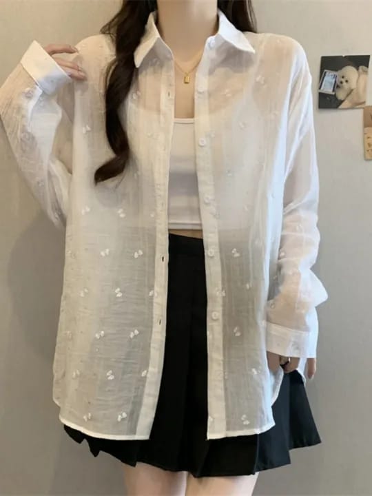 Korean Style Embroidered Sheer Button-Up Shirt – Loose Fit, Free Size