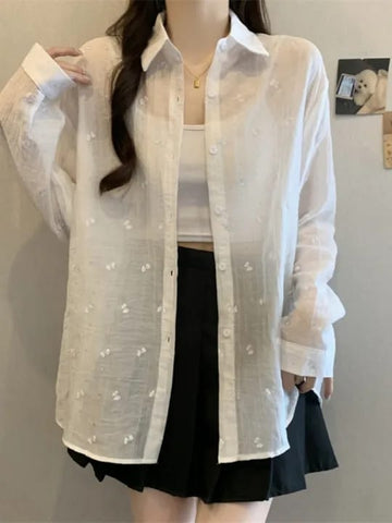 Korean Style Embroidered Sheer Button-Up Shirt – Loose Fit, Free Size