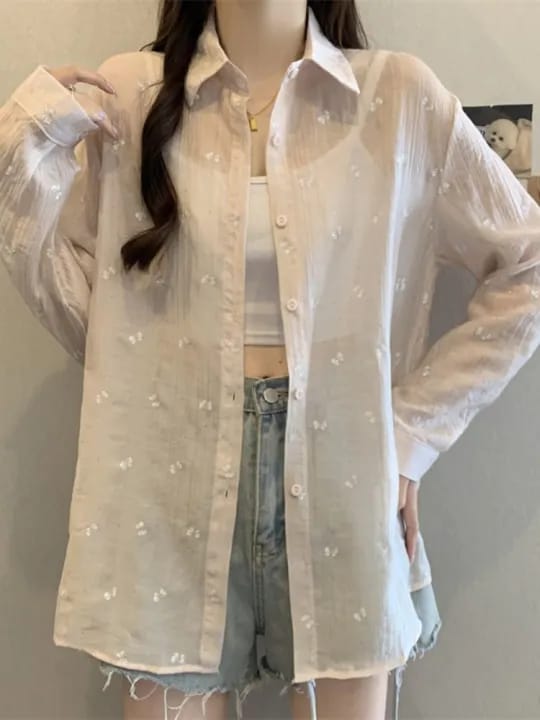 Korean Style Embroidered Sheer Button-Up Shirt – Loose Fit, Free Size