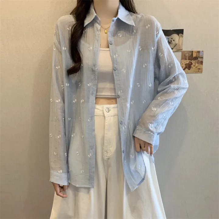 Korean Style Embroidered Sheer Button-Up Shirt – Loose Fit, Free Size