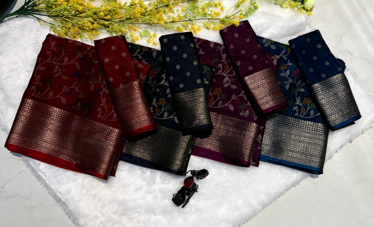 Super Two Tone Soft Dola Silk Saree with Jacquard Border & Blouse